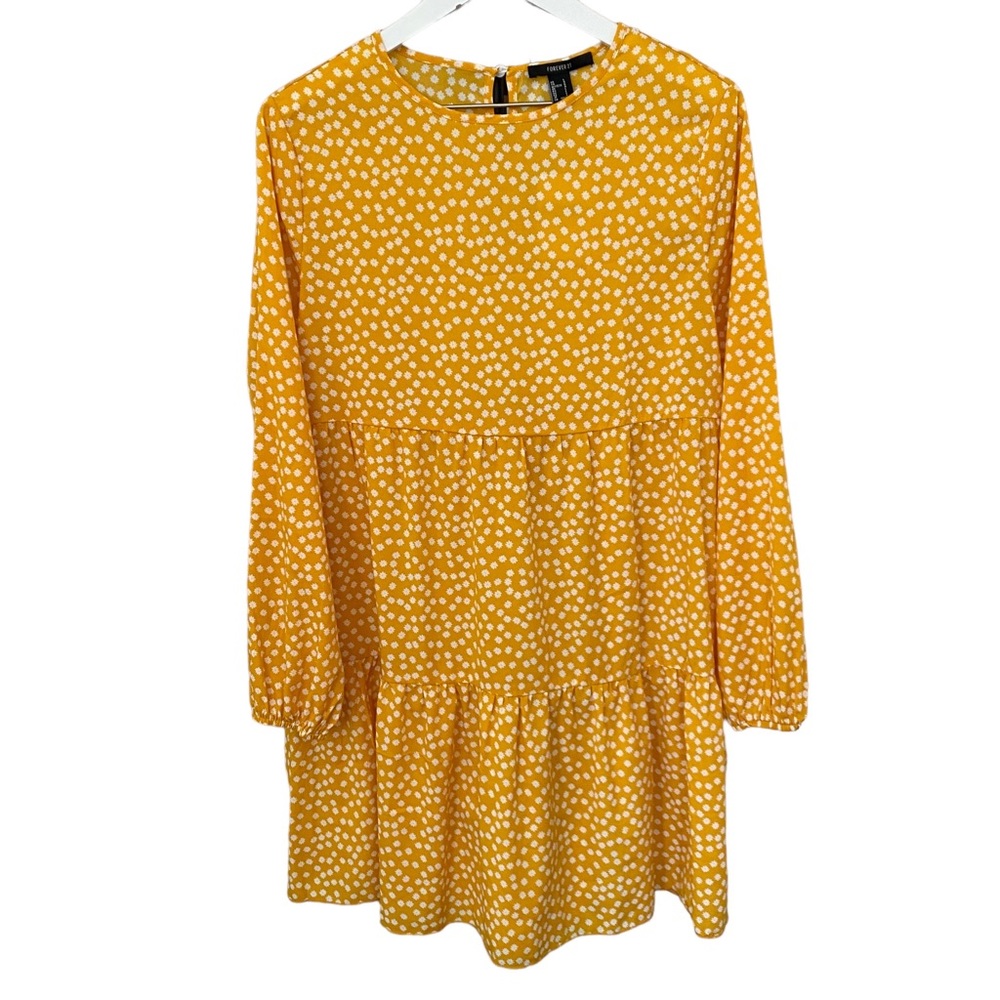 Women's Mustard Yellow Polka Dot Tiered Long-Sleeve Dress
